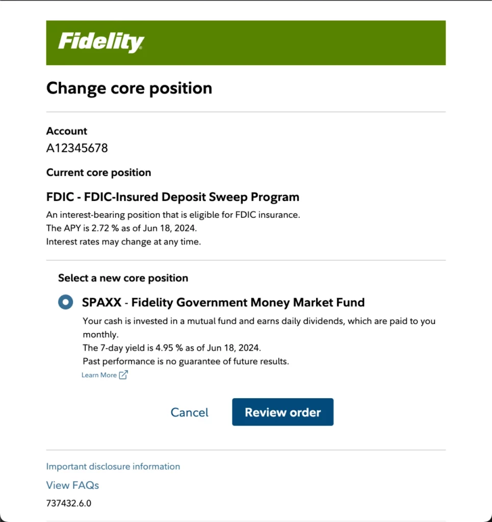 Fidelity Cash Management Change Core Position