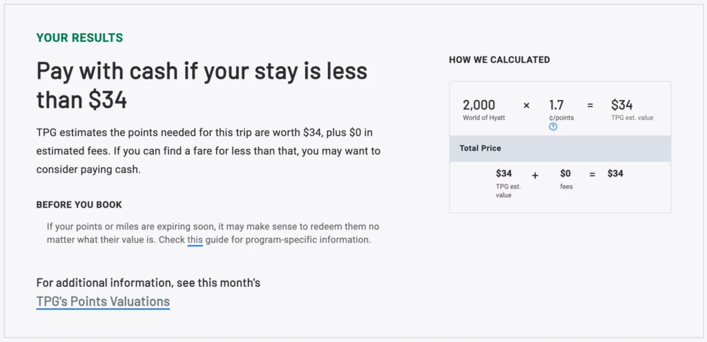 Hyatt 2,000 ポイントは $34 相当