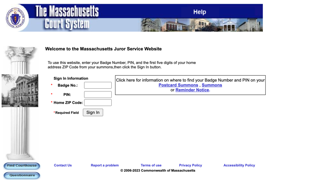 MAjury.gov form page 2 Welcome to the Massachusetts Juror Service Website Sign In