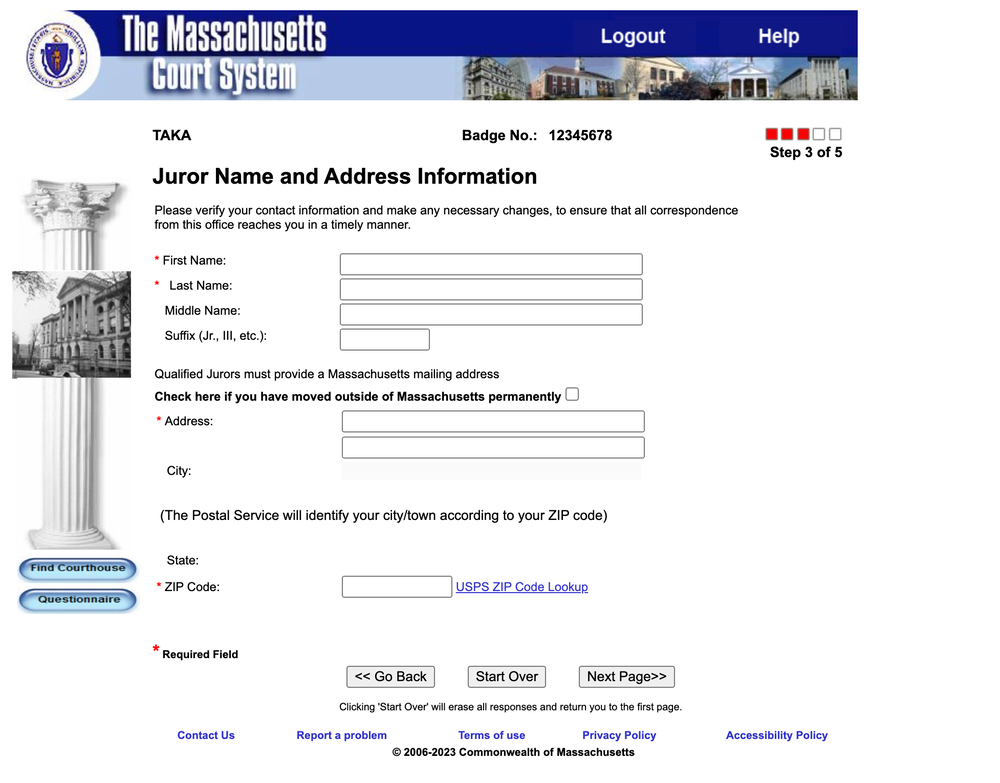 MAjury.gov form page 6 Juror Name and Address Information